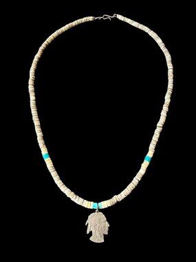 Vintage Indian Head Coin Pendant Necklace Turquoise Heishi Shell Bead Southwest